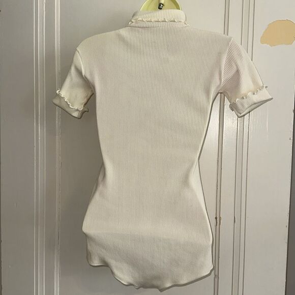 Vtg 60s Cream/Ivory Turtleneck Ribbed Nylon Short Sleeve Bodysuit-Scalloped Trim - Picture 7 of 9